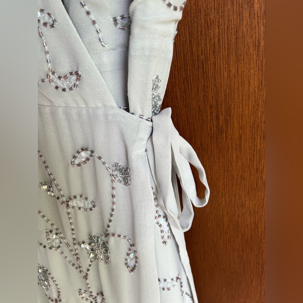 BHLDN Anthropologie Plymouth Beaded Wrap Dress in Fog Grey | Size 10 | NWT - Picture 6 of 8